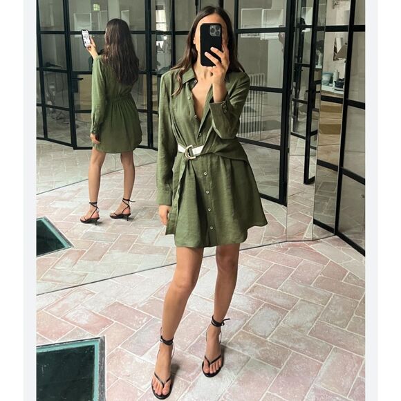 Zara Belted Mini Shirt Dress Size Large in Green Blogger Favorite Long Sleeve - Picture 2 of 9
